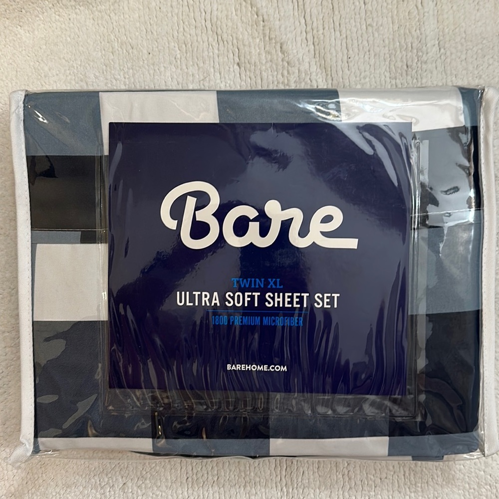 NEW Bare Home Twin XL 1800 Premium Microfiber Ultra Soft Sheet Set Plaid Navy